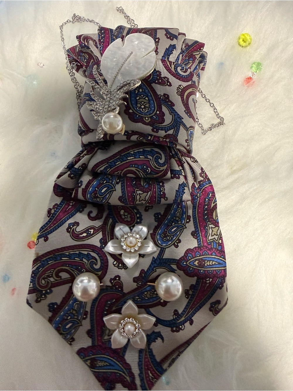 Girls Paisley Bow Dress with Pearl Flower Accents - Cream & Blue
